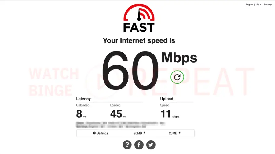 A speed test display showing an internet speed of 60 Mbps download and 11 Mbps upload with latency details.