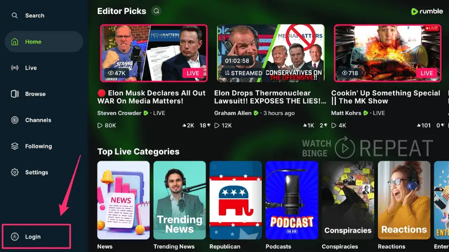 A Rumble user interface with a dark theme shows various video thumbnails and sections such as "Editor Picks," "Top Live Categories," and a navigation menu on the left. Highlighted is the 'Login' button with a pink arrow pointing at it.