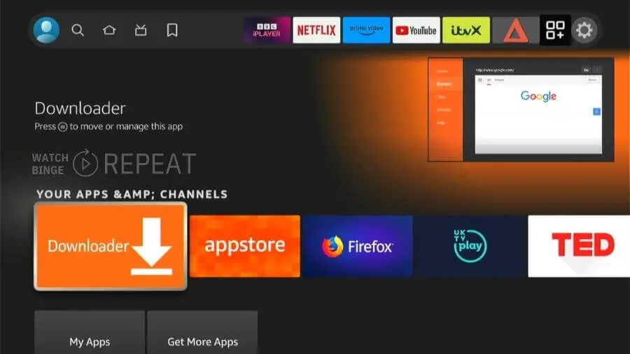 A firestick user interface showing the 'Downloader' app selected among other apps like Appstore and Firefox on a Fire TV screen, with a web browser window open in the background.

