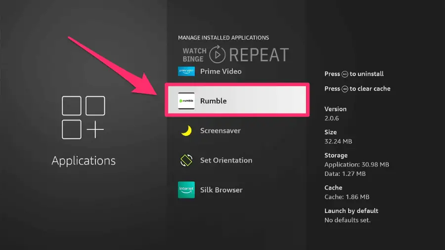 The image presents a list of applications within a "Manage Installed Applications" menu on a smart TV or streaming device interface. The application "Rumble" is highlighted in red