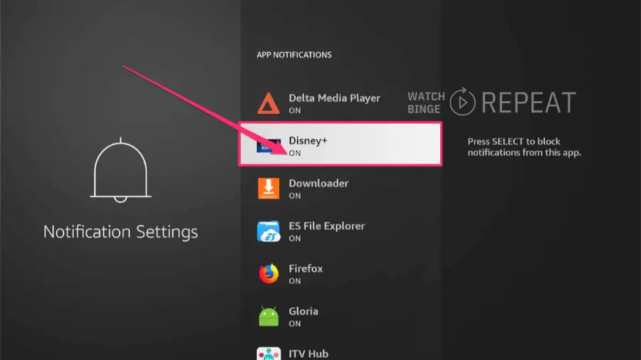 App-specific notification settings for a streaming device, with 'Disney+' highlighted, showing that the notifications are turned on.