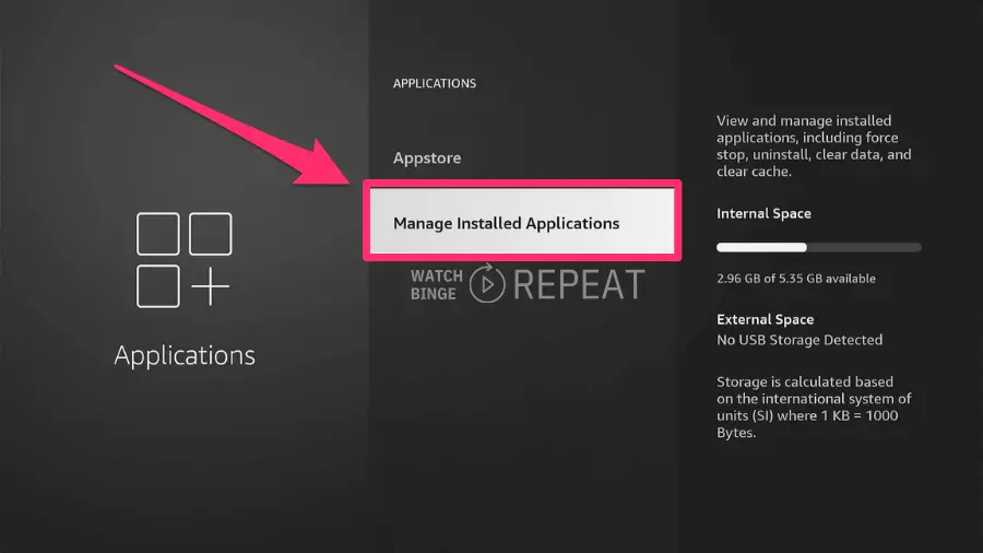 This image shows a submenu titled "Applications" with an option "Manage Installed Applications" highlighted in red. To the right, there's a description box detailing the function to view and manage installed applications. At the bottom, there's information about internal space available and external space, indicating no USB storage detected.