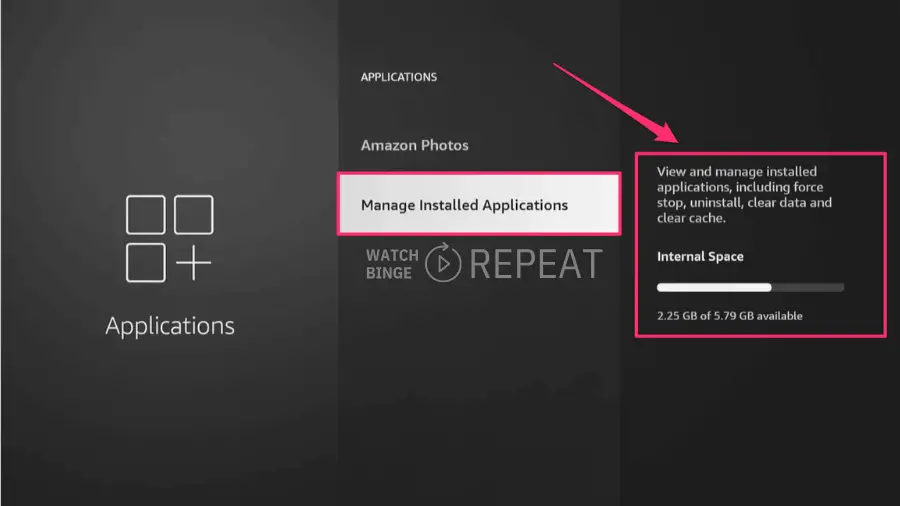 Submenu for 'Applications' on a TV interface, with 'Manage Installed Applications' highlighted and a red arrow pointing to it.