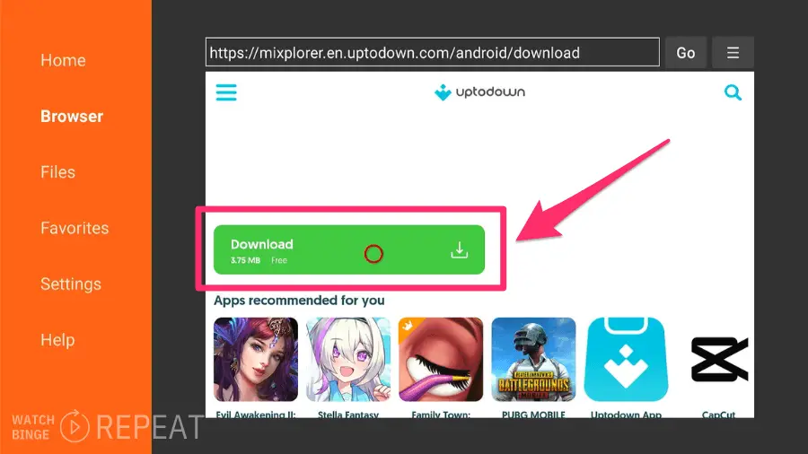 The image depicts a download button for an MiXplorer application. The button is green with a downward arrow and the text "Download 3.75 MB Free". A pink arrow points to the button.