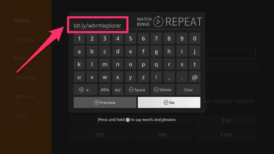 Firestick on-screen keyboard with an entered URL "bit.ly/wbrmixplorer". An arrow points to the URL field, suggesting the input of a web address for navigating or downloading purposes. The interface includes a "Go" button to proceed with the action.