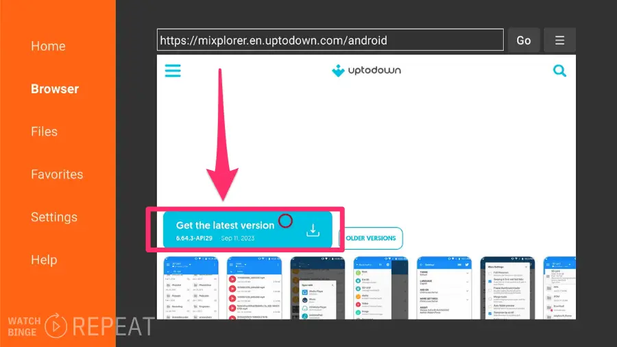 a web page on a browser with an arrow pointing to a download link for the latest version of an app, labeled "Get the latest version 6.64.3-APK29". The web page is from the uptodown.com website, and the interface suggests it is a software download page for the MiXplorer app.