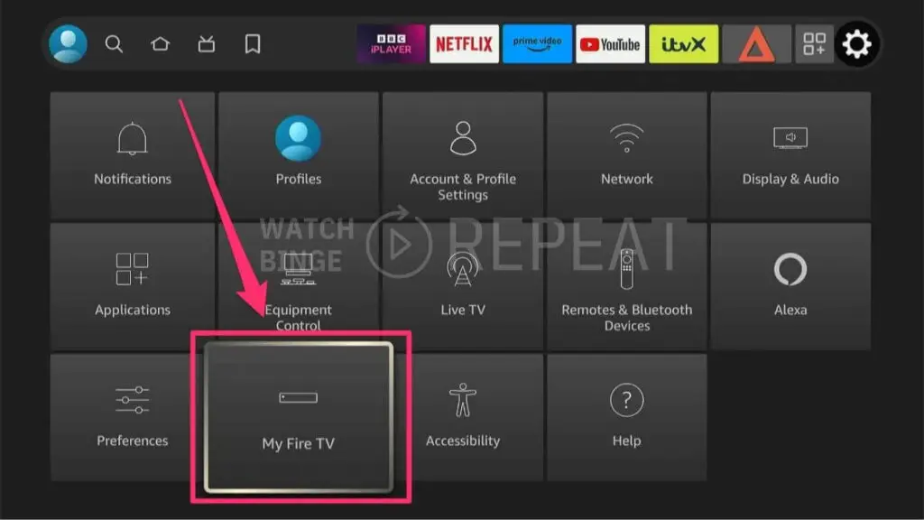 An image of a Fire TV screen displaying 'My Fire TV' in the preferences, with a red arrow pointing to the 'Developer Options' selection.