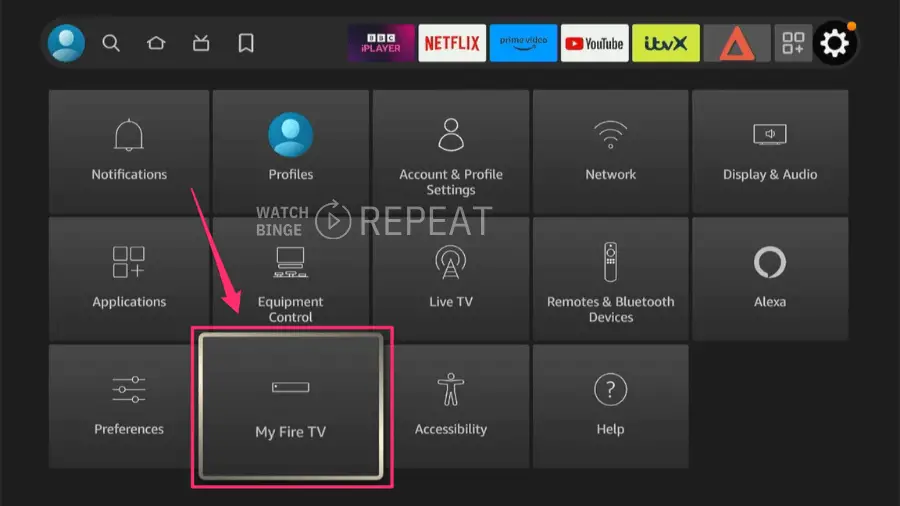 Smart TV interface with 'My Fire TV' menu option highlighted, suggesting user navigation to device settings.