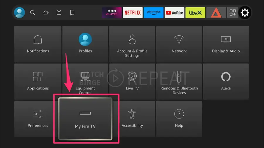 Fire TV settings menu with various options and 'Equipment Control' highlighted by a red arrow within a black interface.