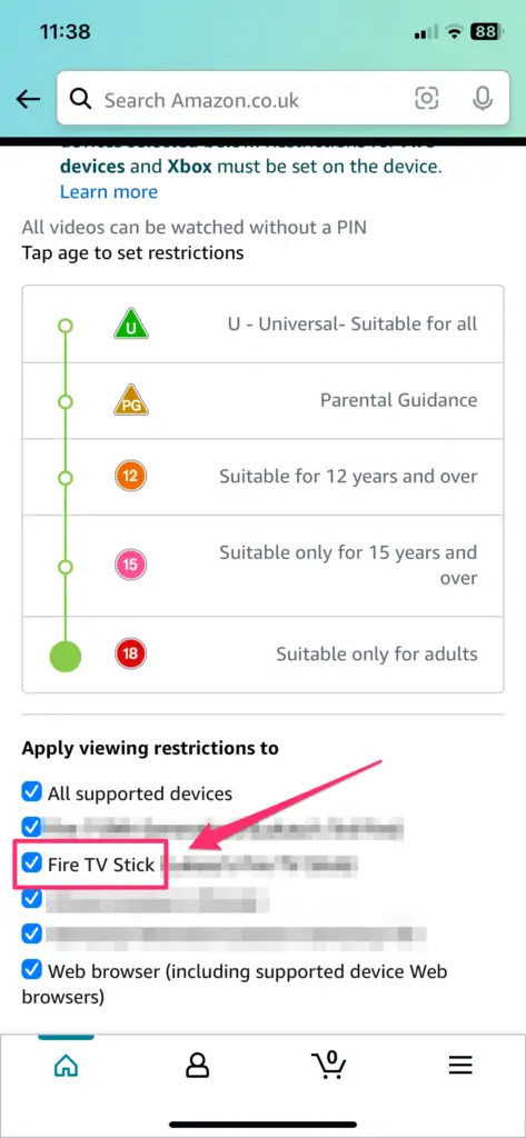 A smartphone screen showing Prime Video viewing restrictions with age ratings and selected devices, including a highlighted Fire TV Stick option.