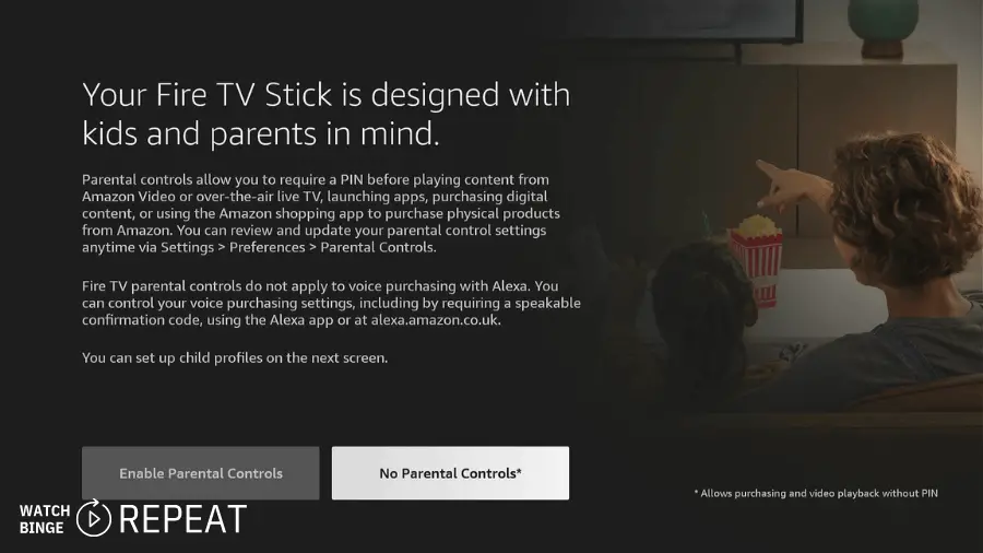 A screen stating "Your Fire TV Stick is designed with kids and parents in mind" offering parental controls.