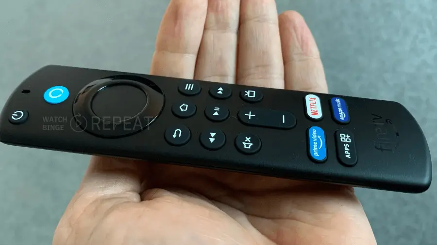 Hand holding a black Fire TV remote with buttons for Netflix, Prime Video, and other apps, with the Fire TV logo at the bottom.