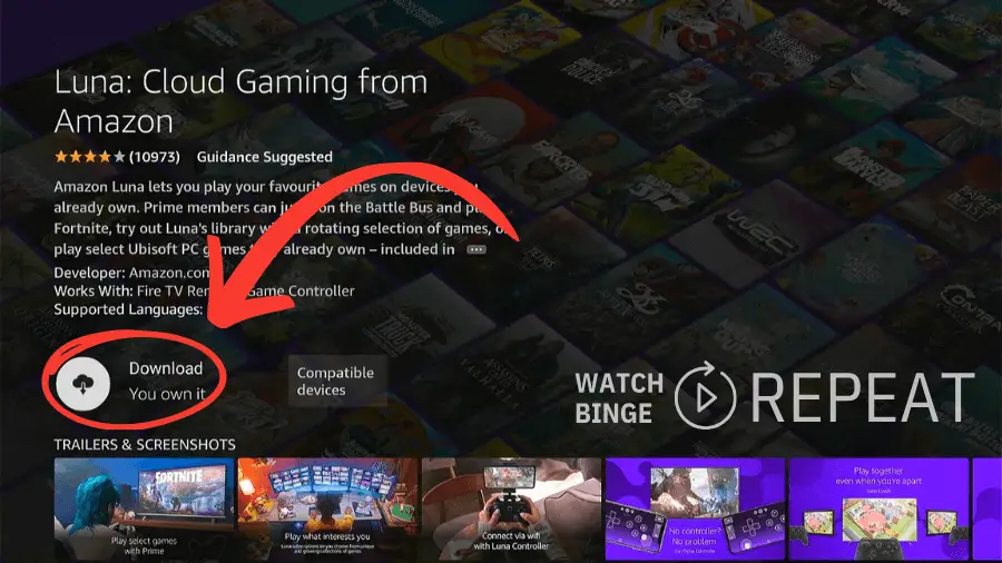 Screenshot of a gaming app page, "Luna: Cloud Gaming from Amazon," with a red arrow highlighting the download icon, stating "Download. You own it."