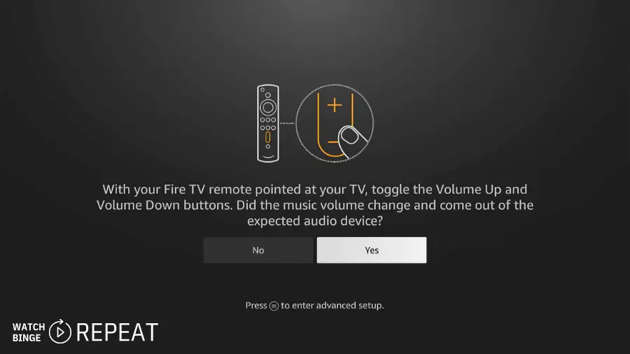 A screen asking if the volume control works with the Fire TV remote, with options for "Yes" or "No".