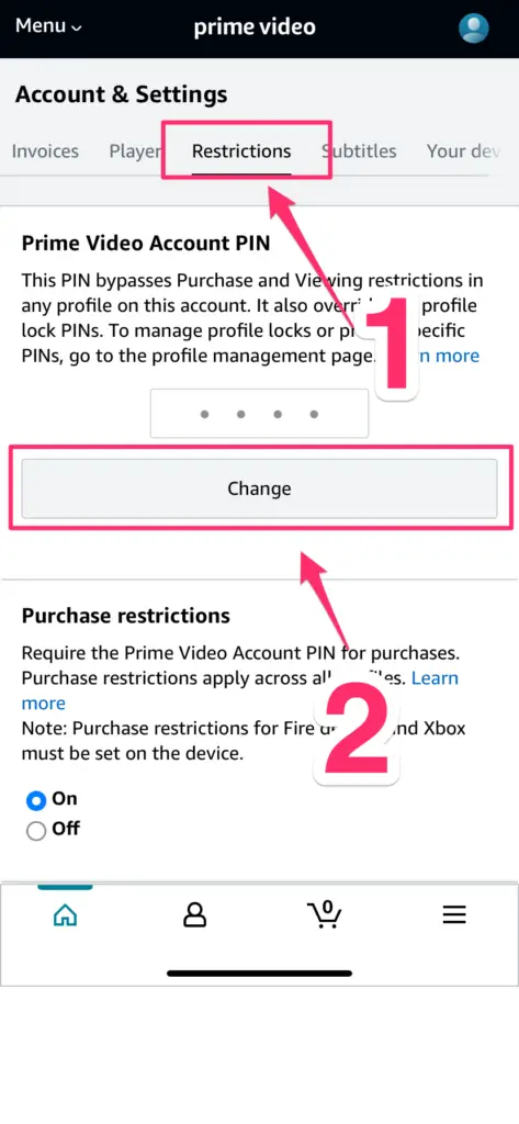 A mobile screen displaying Prime Video account settings, focusing on a 'restriction' tab and PIN entry field with a 'Change' button