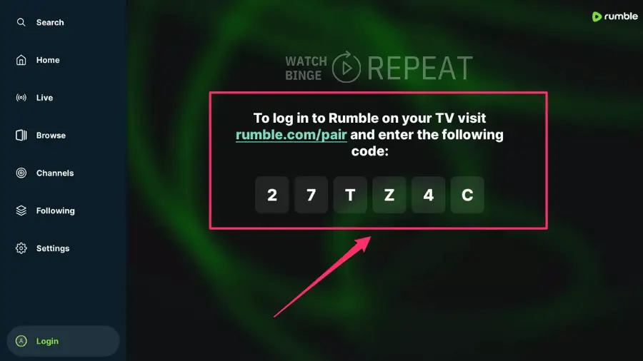 A screen with a green swirling background displays a login prompt for Rumble TV with a URL and a six-character alphanumeric code, surrounded by a red rectangle. A pink arrow points to the code.