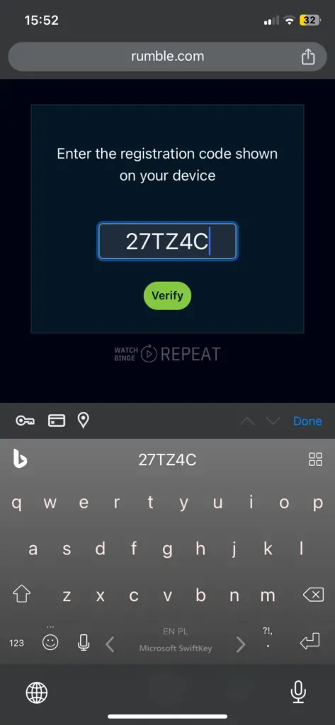 A close-up of a mobile keyboard input field displaying the code '27TZ4C' with a 'Verify' button above it. The keyboard and the code are in focus, with a blurred green swirling background.