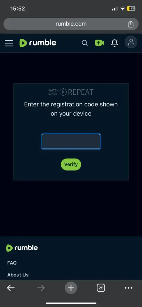 A mobile browser view of Rumble's website with a black header, showing an empty field to enter a registration code with a 'Verify' button below it. The screen's background is a green swirl design.