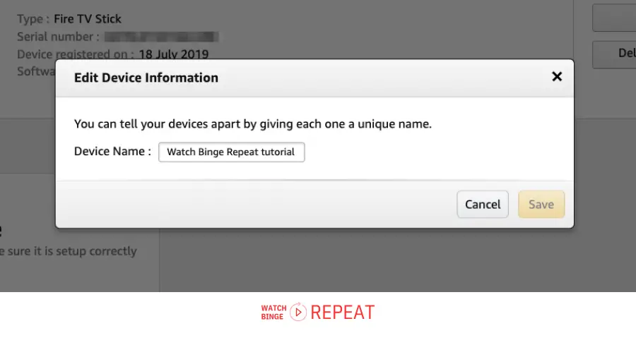 Pop-up window to edit device information with the name 'Watch Binge Repeat tutorial' in a text box.
