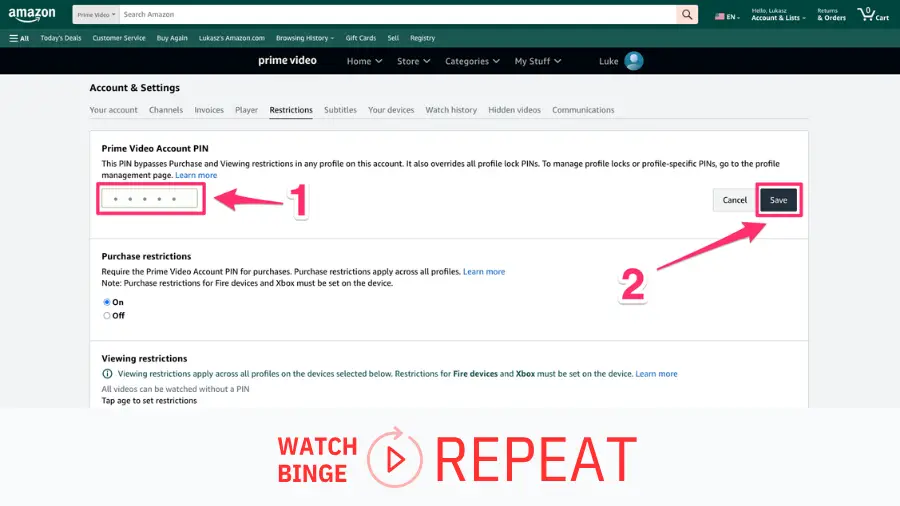 Close-up of Amazon Prime Video restrictions page, with a cursor pointing to the obscured PIN field and a 'Save' option visible.