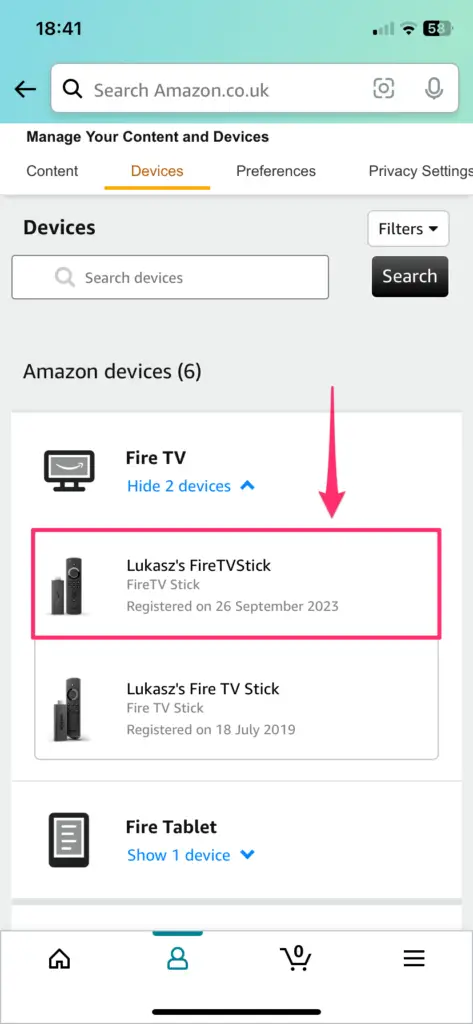 A screenshot from a mobile device showing expanded details for "Fire TV" devices registered under a user's Amazon account.