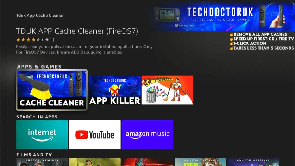 A Fire TV screen displays various apps including TDUK App Cache Cleaner and APP KILLER, with ratings, alongside shortcuts to YouTube and Amazon Music, and a feature list like cache removal and speed enhancement.