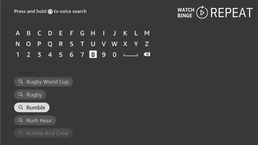 A virtual keyboard display for a search function, with the alphabet and numbers at the top and a voice search option indicated by a microphone icon. Below, related searches like "Rumble" are visible

