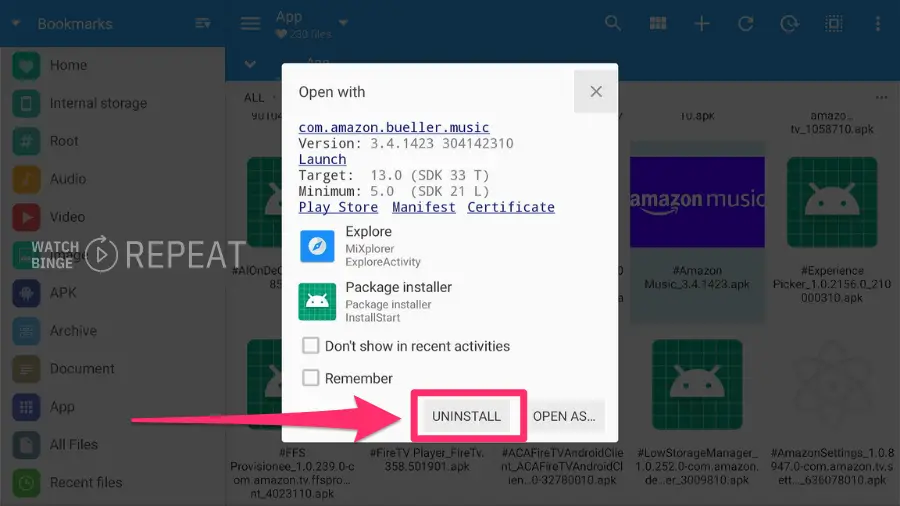 This image displays a file explorer interface on Firestick, with a focus on a pop-up window that has an "UNINSTALL" button highlighted in red. An arrow points to this button. The window shows details of an Amazon music app, including its version and other technical details.