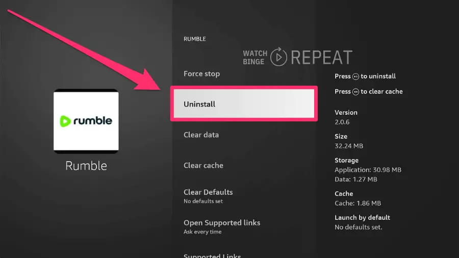 This image highlights the "Rumble" app within the "Manage Installed Applications" menu, with a pink arrow pointing to the "Uninstall" option, which is highlighted in red. 