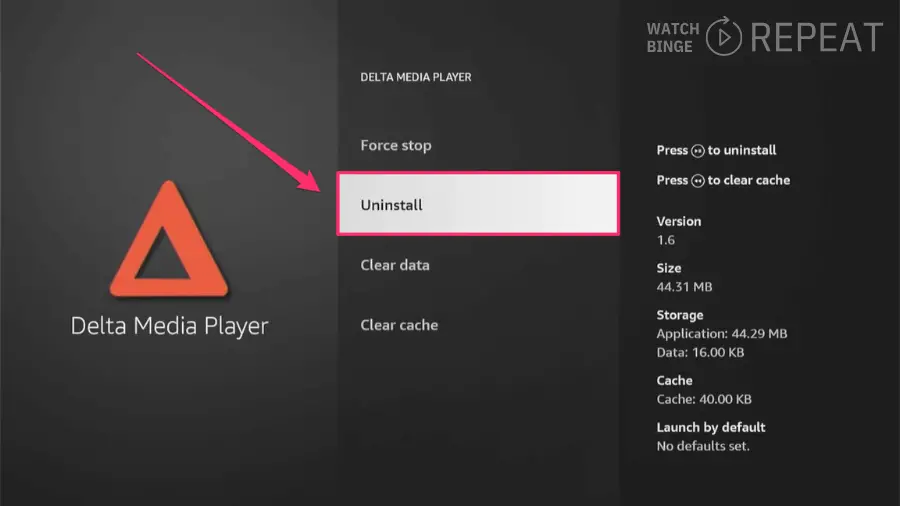 Detailed options for 'Delta Media Player' app, with the 'Uninstall' button highlighted, suggesting removal action.