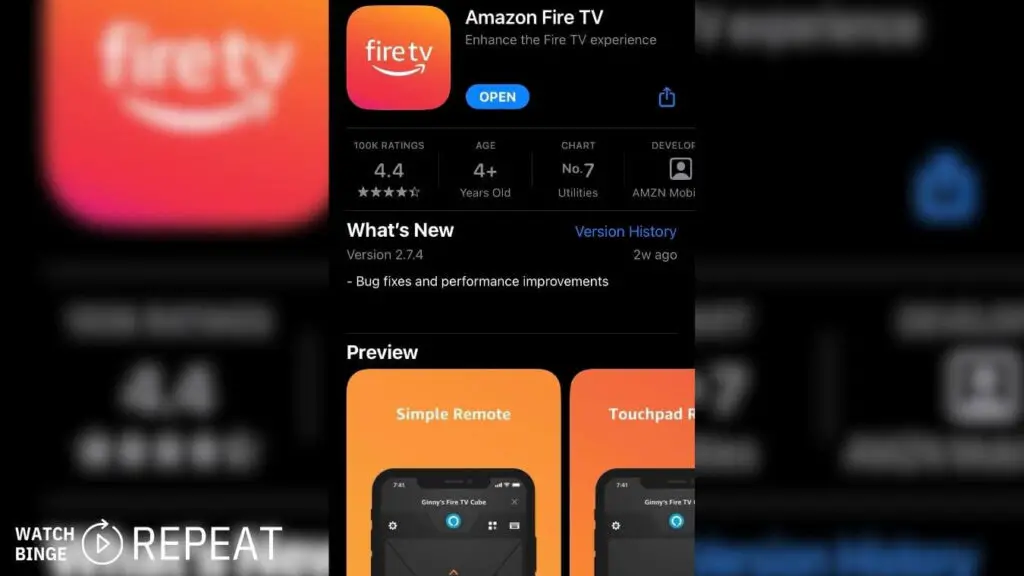 The Amazon Fire TV app page is displayed on a smartphone, showing the app's rating and features.