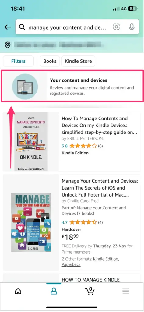 A screenshot from a mobile device displaying the search results for "manage your content and devices" with book suggestions and a filter bar on top.