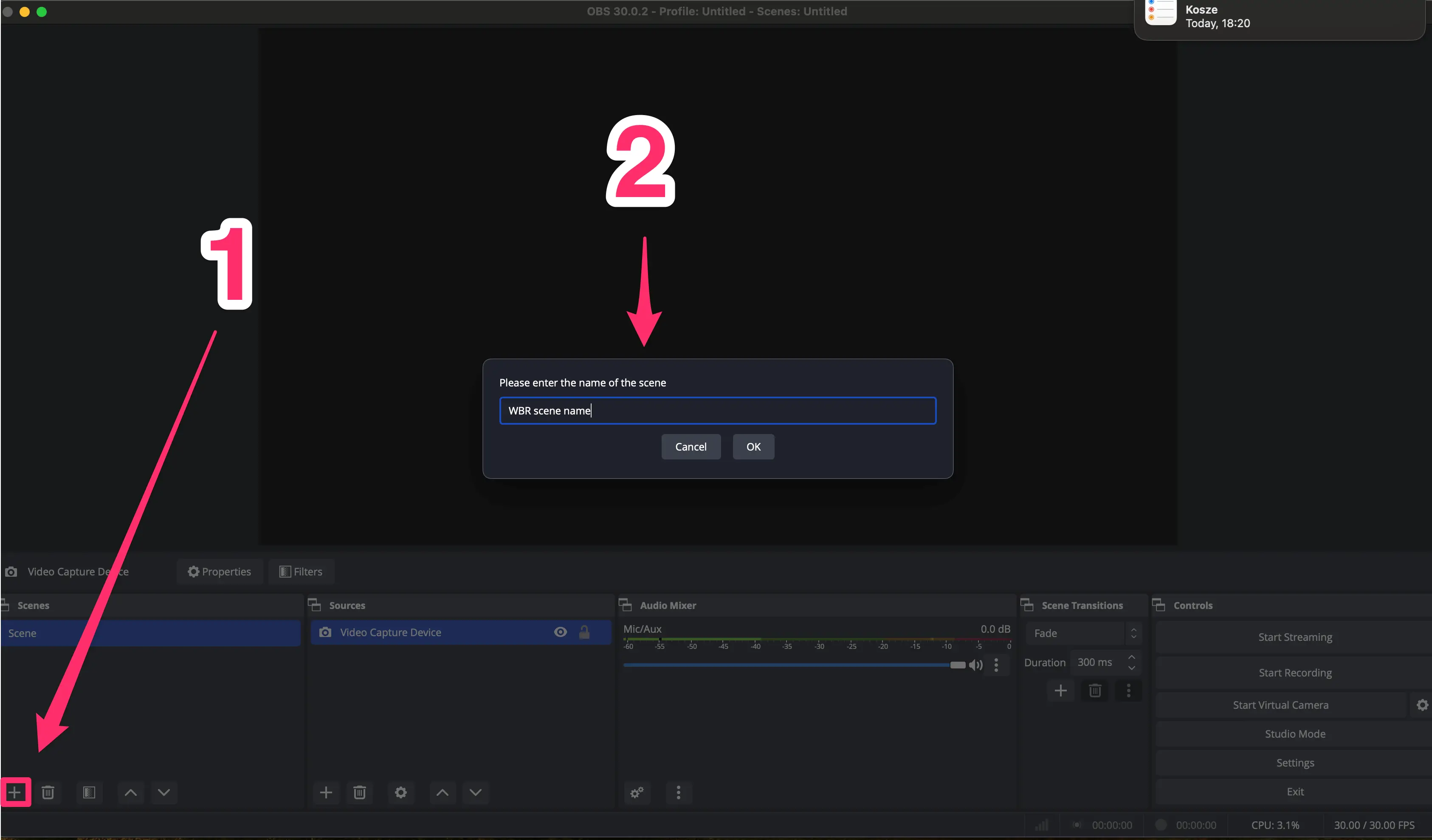 A screenshot of the OBS software interface with a dialog box prompting for the name of a new scene, with a number "2" and an arrow indicating the input field.