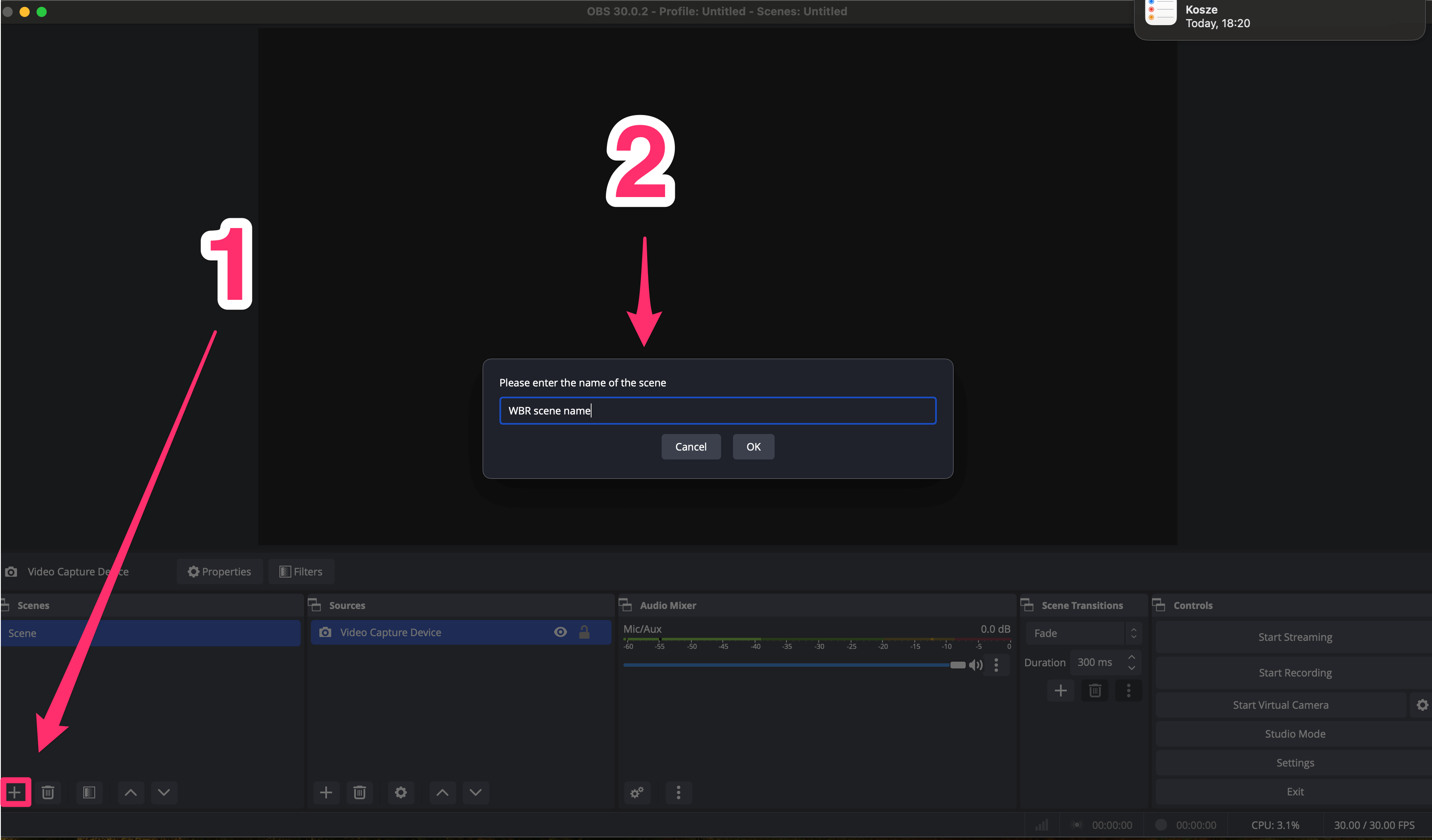 A screenshot of the OBS software interface with a dialog box prompting for the name of a new scene, with a number "2" and an arrow indicating the input field.