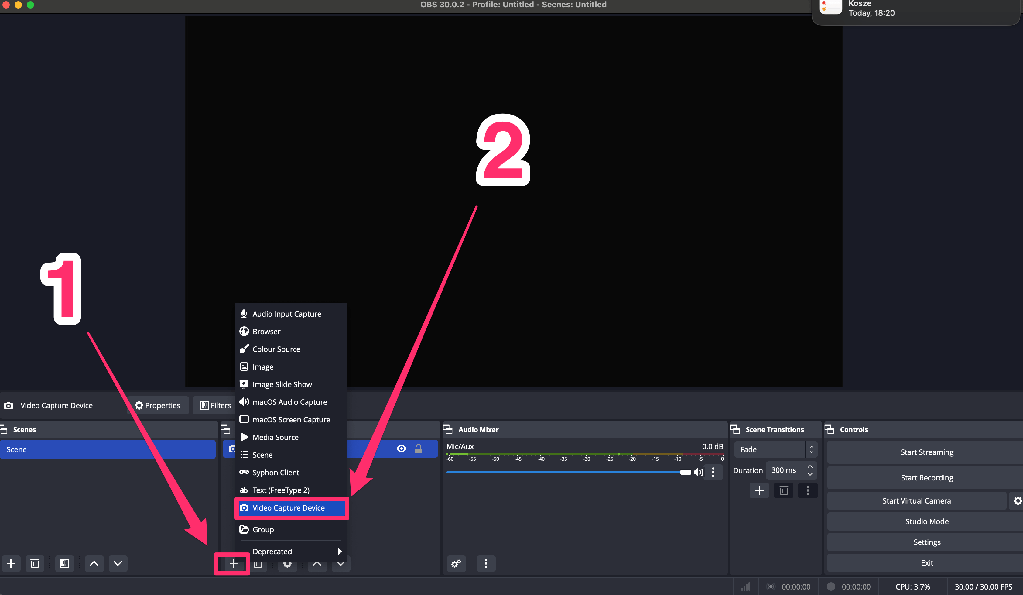 A screenshot of the OBS software interface with a dropdown menu for adding a new source, with "Video Capture Device" selected, indicated by a number "1" and arrows.