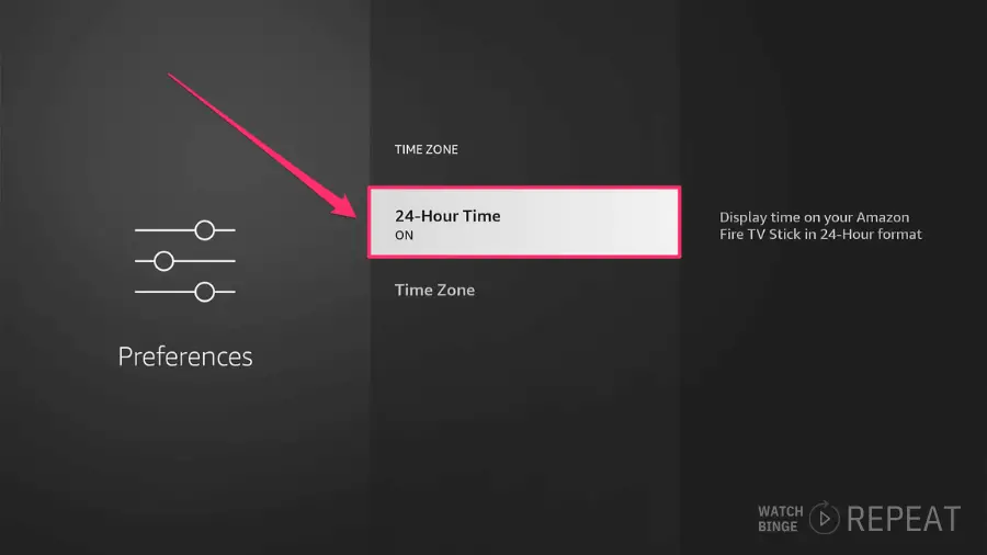 Time Zone preferences with '24-Hour Time' turned on and a note indicating it applies to the display on an Amazon Fire TV Stick.