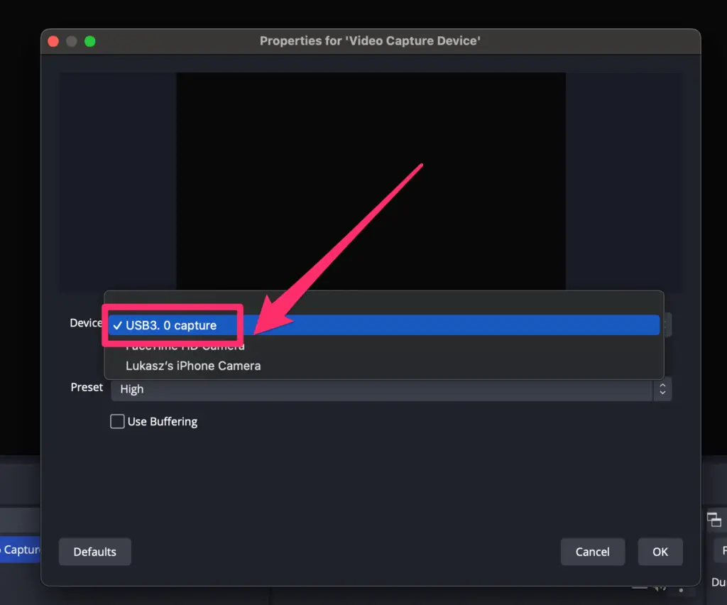 A screenshot of the OBS software interface showing the 'Properties for "Video Capture Device"' window with "USB3.0 capture" selected from a dropdown menu.