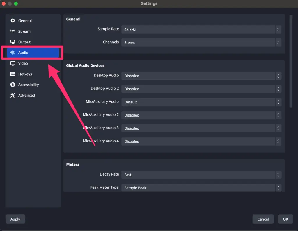 A screenshot of the OBS software interface showing the audio settings tab, highlighted with a red box and arrow pointing towards the 'Global Audio Devices' section.