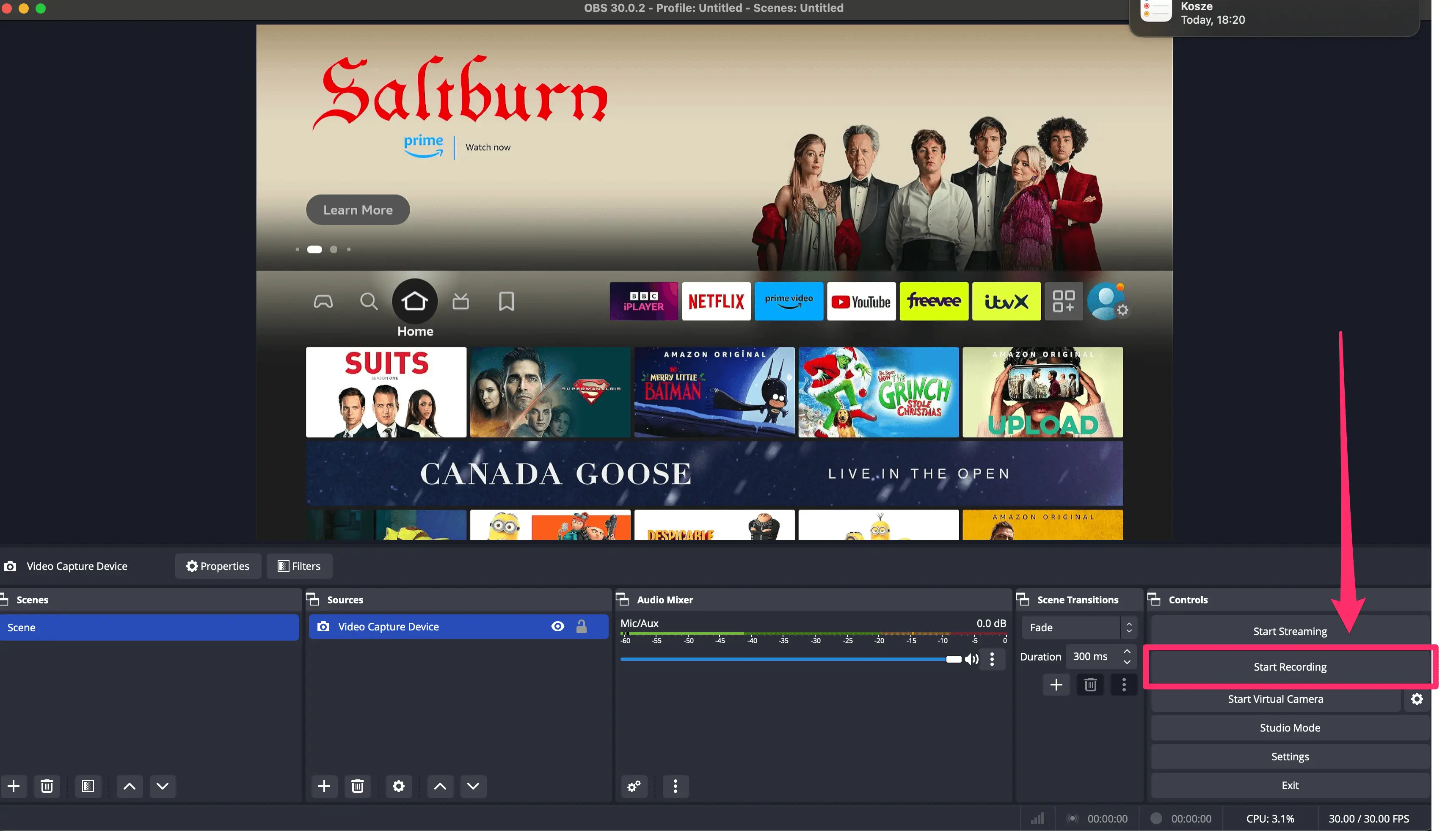 A screenshot of the OBS software interface with the main screen showing a webpage, and the controls section highlighted to show the "Start Recording" button.