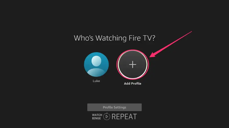 Profile selection screen on Fire TV with a user named Luke and an option to add a new profile highlighted by a circle.