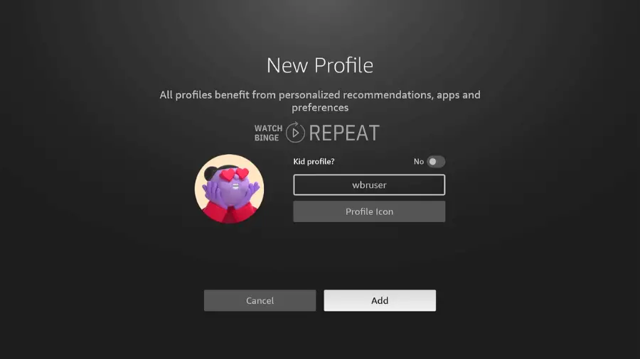 Creation of a new profile named 'wbruser' on Fire TV, with a selected purple icon with a heart.