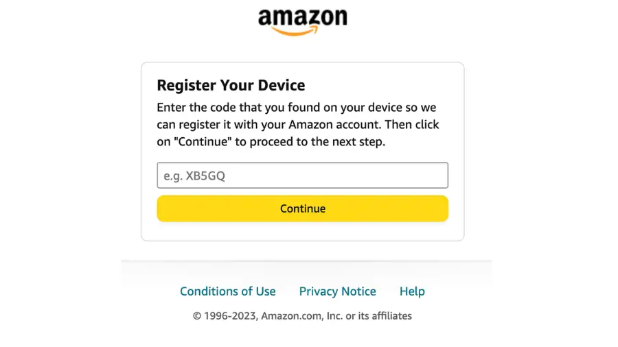 Amazon webpage prompting to 'Register Your Device' with an entry field for a registration code and a 'Continue' button.