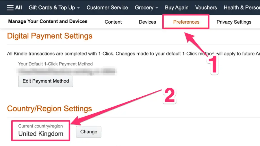 Amazon account page showing the 'Preferences' tab and 'Country/Region Settings' with the United Kingdom selected as the current country/region