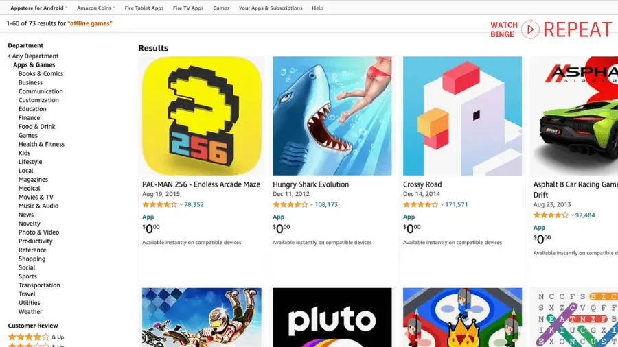 Amazon App Store interface showcasing a selection of "offline games" available for download.