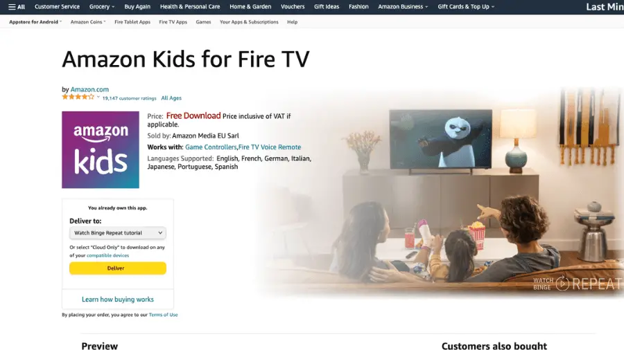 screenshot of a web page for "Amazon Kids for Fire TV" with customer rating stars and various details like price, compatibility, and supported languages. A family is shown watching a TV screen displaying content for children.