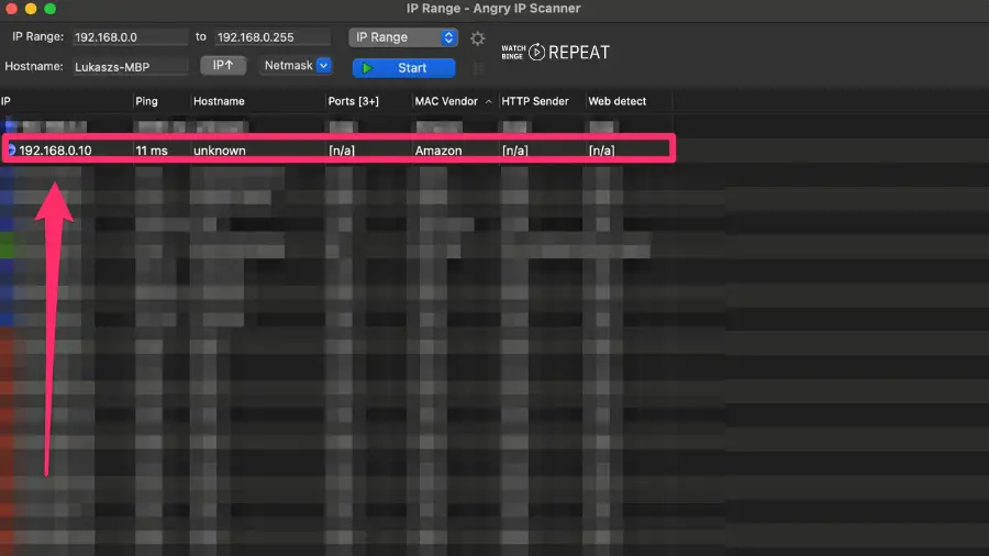 Results of a network scan in a scanning application, with the IP address matching the Fire TV device highlighted, showing 'Amazon' as the identified MAC vendor.