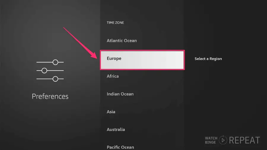 Time Zone settings with 'Europe' selected, an arrow pointing to it, and a list of other regions like Atlantic Ocean, Africa, and Indian Ocean.