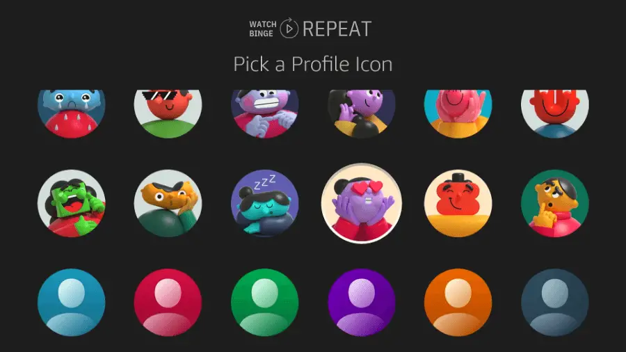 Screen displaying a selection of colorful profile icons to choose from for a Fire TV account.