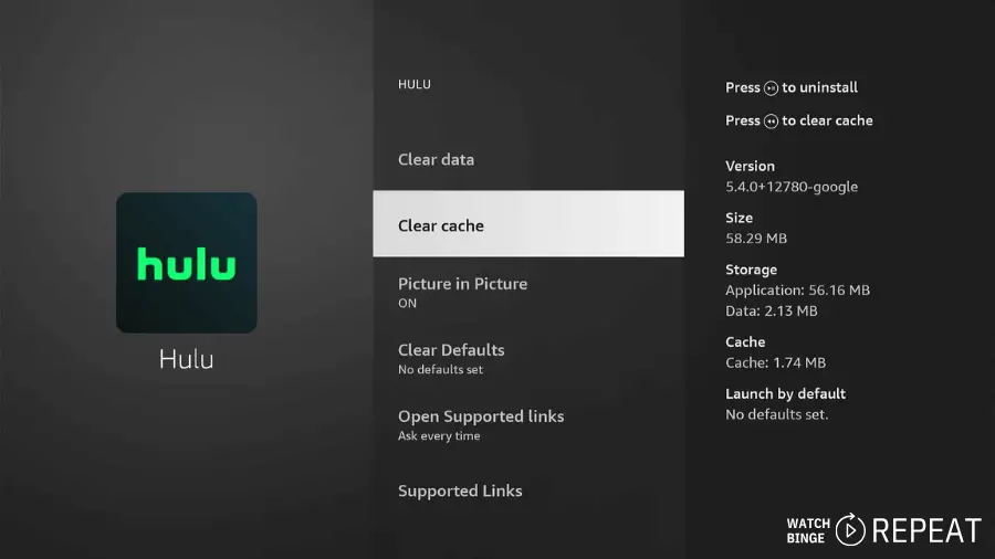 Screensaver of the Hulu app on a Fire Stick interface with menu options to clear cache and data, highlighting maintenance features.