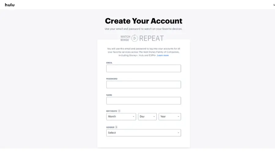 A sign-up form for Hulu with fields for email, password, name, birthdate, and gender, with no specific information filled out.